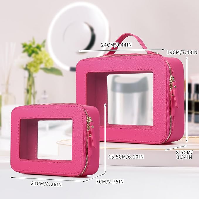 Pinkmik Clear Makeup Bag for Women Waterproof Travel Cosmetics and Toiletries Case Portable Makeup Oaganizer Bag Clear Car Bag with Zipper (X/Fuxia, M+L) - Image 2