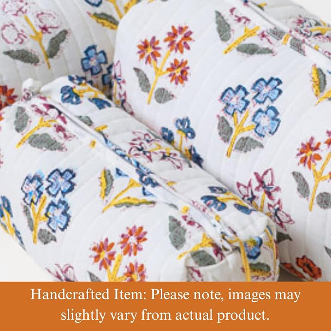 Saffron Marigold Quilted Makeup Bag Set of 3, Hand Block Printed Cotton Cosmetic Bags for Women, Waterproof Lined Travel Toiletry Bag, Coquette Floral Aesthetic, Handmade Gift, Wildflower Fields - Image 2