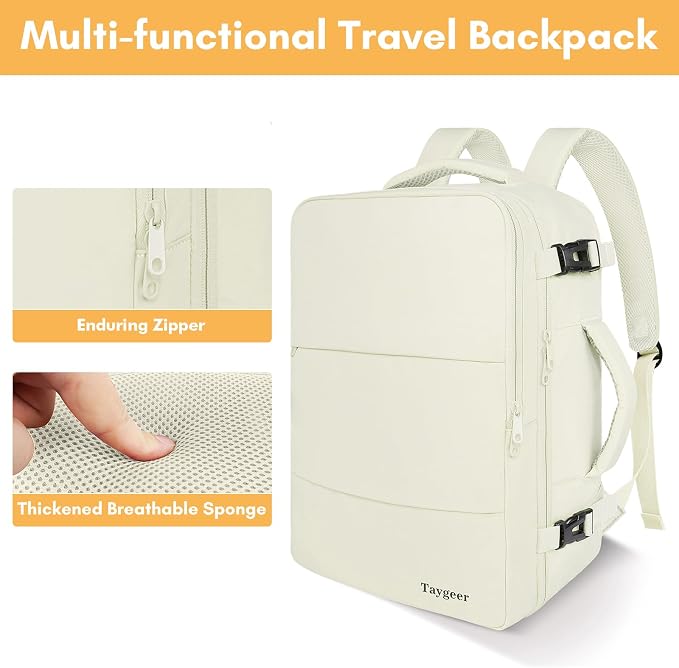 Taygeer Large Travel Backpack, 17 inch Laptop Backpack for Women | Airline Approved Personal Item Mochila, 40l Luggage Carryon Work Bag for friend and Ladies Business Travel Hiking, Beige - Image 8