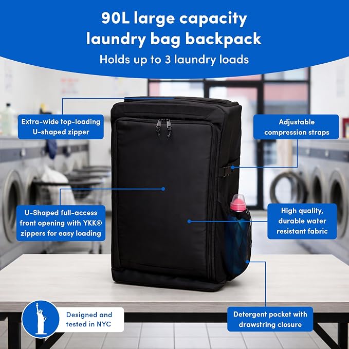 Otis 90L Extra Large Laundry Backpack Bag with Front-Load Access, Heavy Duty Backpack, Laundry Hamper with Padded Shoulder Straps & Waist Buckle for Dorm, Apartment, Laundromat & Travel. - Image 2