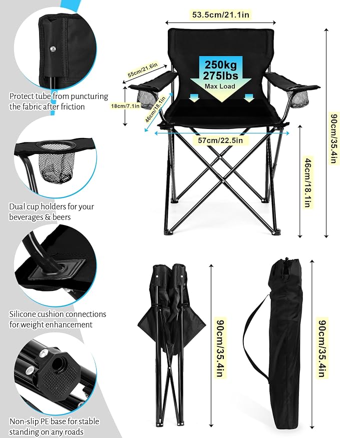 2PCS Camping Chairs with Detachable Umbrella, HaSteeL Folding Beach Chair for Adults, Large Portable Foldable Chair for Outdoors Fishing Hiking Travel Picnic Lawn, Supports 275lbs, Storage Bags, Black - Image 2