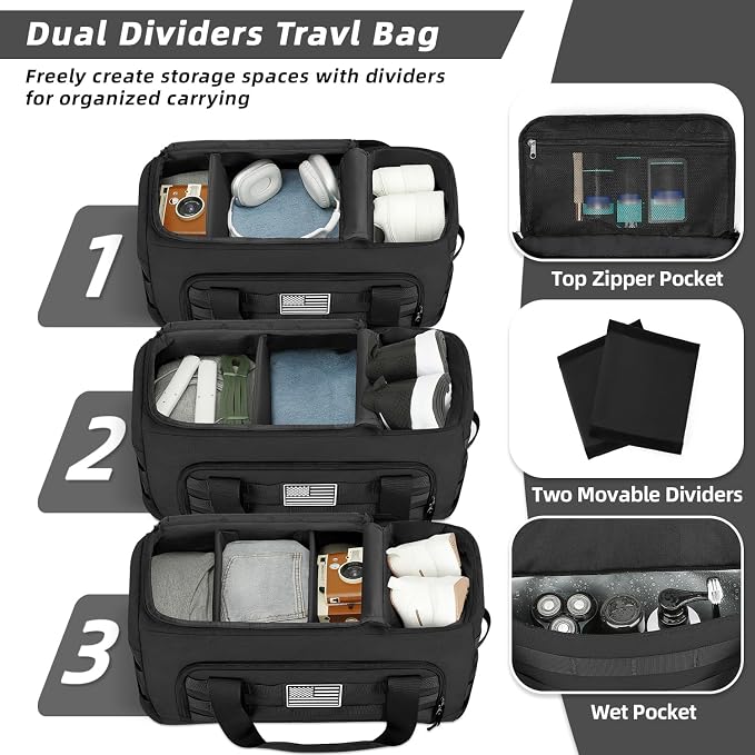 ZOMFELT Tactical Gym Bags for Men, Travel Duffle Bag with Removable Dividers & Innovative Shoe Compartment, 3-in-1 Waterproof MOLLE Gym Duffel Backpack, Airplane Carry-On Approved, Black - Image 4