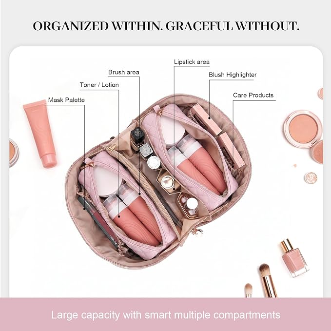 Travel Makeup Bags Cosmetic Organizer: 3Pcs Set Puffy Make up Bag for Women | Pink Premium Quilted ELEGANCE Design | Large Capacity Leather Toiletry Bags | Wide Open Compact Case for Travel Essentials - Image 5