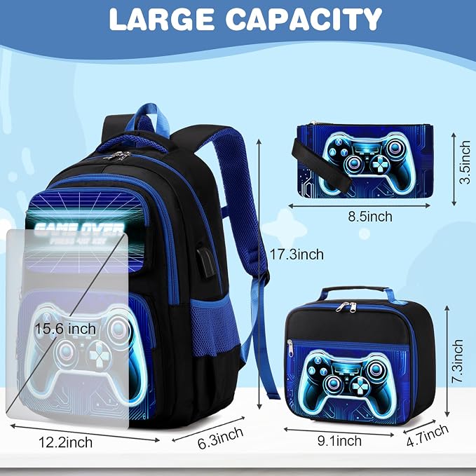 Bevalsa Backpack for Boys, School Bags for Kids, Bookbag for Boys Girls Children Teens Backpacks for Elementary Middle High school Student, Bookbag and Lunch Bag Set with USB Charging Port (Blue) - Image 2