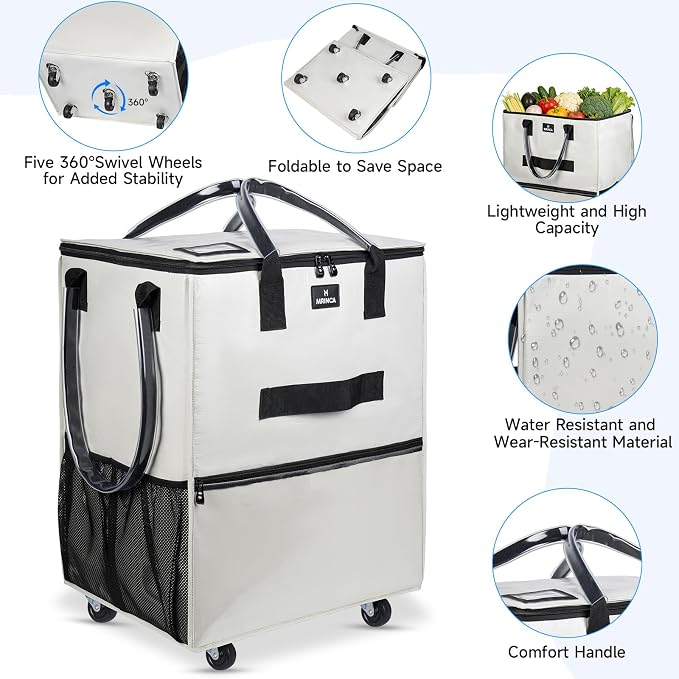 Large Reusable Grocery Bag On 5 Wheels, 130L Foldable Rolling Tote Bag, Collapsible Portable Shopping Cart, Multiple Pockets, Zippered Top, Heavy Duty Handle for Groceries Travel Camping, Beige - Image 6