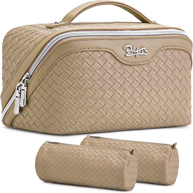 BOYATU Travel Makeup Bag Cosmetic Bags for Women: Large Capacity 3 Pcs Set Make up Bag with Compartments - Waterproof Vegan Leather Toiletry Organizer Bags with Handle (L12 Apricot) by BOYATU