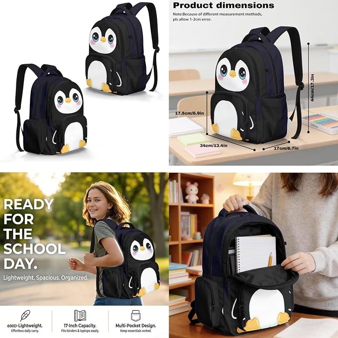Penguin Print Backpack for Kids 4 Pieces School Backpack with Insulated Lunch Bag with Pencil Case Water Bottle Carrier for 4-6 Years - Image 6