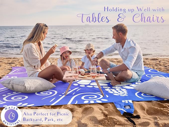WEKAPO Beach Blanket Waterproof Sandproof Oversized Extra Large Sand Free Beach Mat with Stakes, Storage Bag - Essentials for Outdoor Beach, Picnic (Blue Purple Sea Turtle, 8 X 7 FT (1~4 Person)) - Image 4
