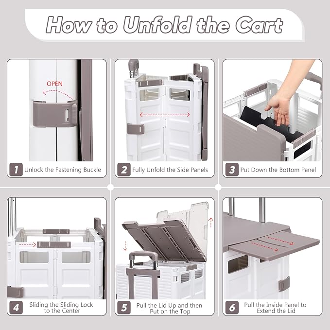 FELICON SELORSS Folding Utility Cart Portable Rolling Crate Handcart-White | Adjustable Handle+Extended Magnetic Lid,Storage Basket Box,4 Swivel Wheels Tote for Teacher Move Shop Travel Grocery Office - Image 7