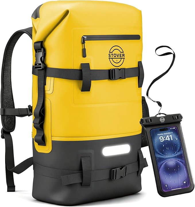 STOVER 30/40/55L Waterproof Dry Backpack & Phone Case- X-Large Floating Dry Bag for Kayaking, Travel, Hiking, Fishing, Camping, Motorcycles & Beach, Heavy-Duty Roll Top Men/Women (Yellow) by STOVER
