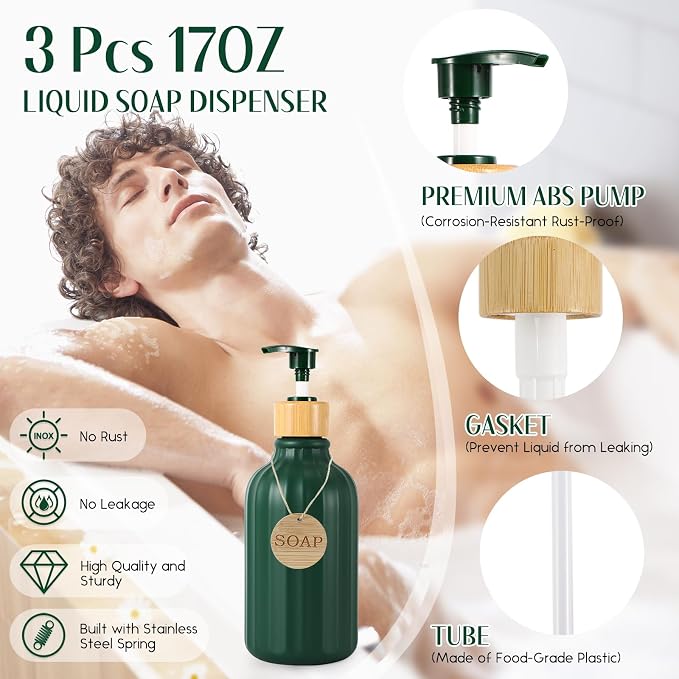 32PCS Dark Green Bathroom Accessories Set with Shower Curtain,Rugs,Trash Can,3PCS Lotion Soap Dispenser, Toothbrush Holder, Soap Dish,Tumbler Cup,6PCS Wood Tags Bath Accessories with Tray for Bathroom - Image 2