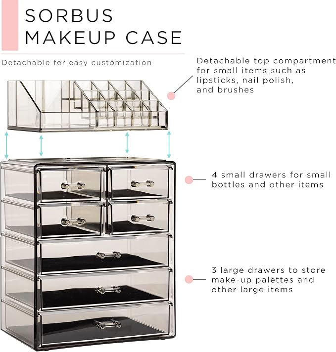 Sorbus Acrylic Makeup Organizer Set, 7-Drawer Vanity & Countertop Cosmetic Storage with Small & Wide Compartments, Black-Tint Makeup Storage for Brushes, Jewelry – Holiday Gift for Women & Teens - Image 4