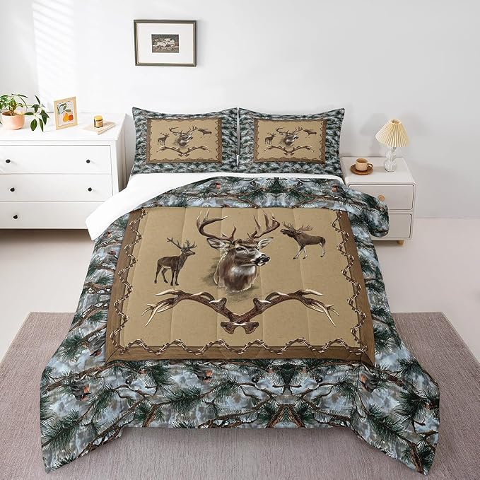 Erosebridal Rustic Moose Comforter Sets Twin Cabin Hunting Animal Bedding Set for Youth Adult Woodland Trees Quilt Inner Fill Southwestern Down Comforter with 1 Pillow Sham Ultra Soft by Erosebridal