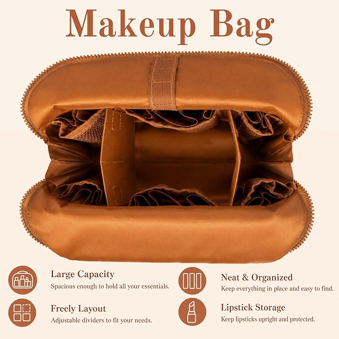 Large Capacity Travel Cosmetic Bag, Foldable Standing Makeup Organizer, Waterproof PVC Makeup Bag with Adjustable Dividers, 27 Pockets and 3 Makeup Brush Slots for Travel Home. (Brown) - Image 4