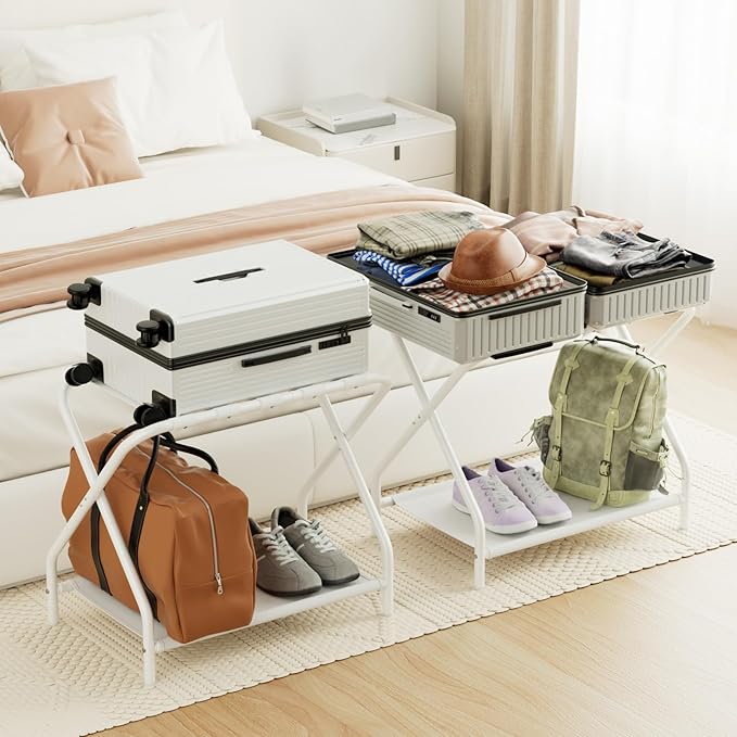 AMHANCIBLE Luggage Rack, Set of 2, Foldable Suitcase Stands for Guest Room, Metal Luggage Holder with Storage Shelf for Bedroom, Hotel, Easy Assemble, White HLR02WT - Image 2