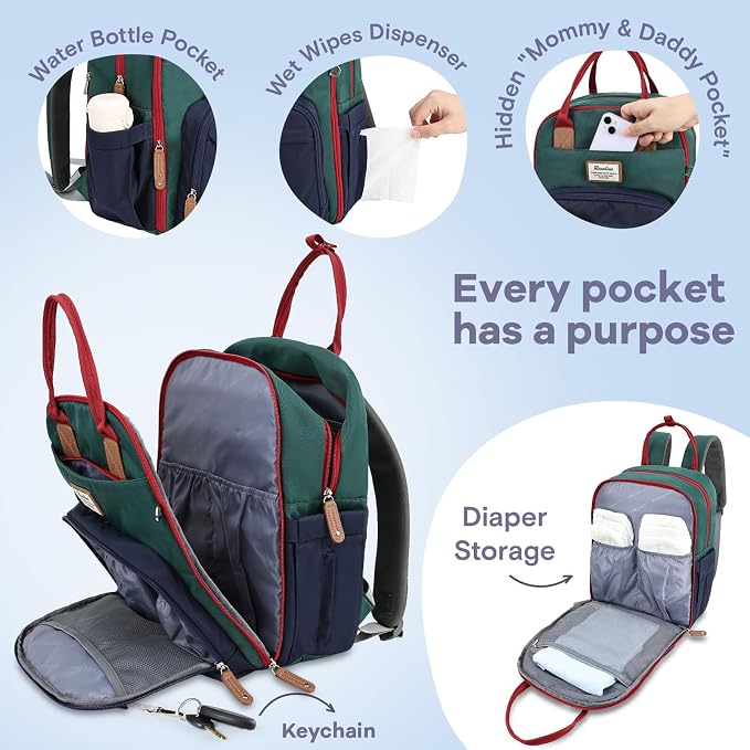 RUVALINO Diaper Bag Backpack-Multifunction Baby Travel Bag with Changing pad, Insulated Bottle Holders & Pacifier Case, Large Capacity, Waterproof, Red-Green-Blue - Image 5