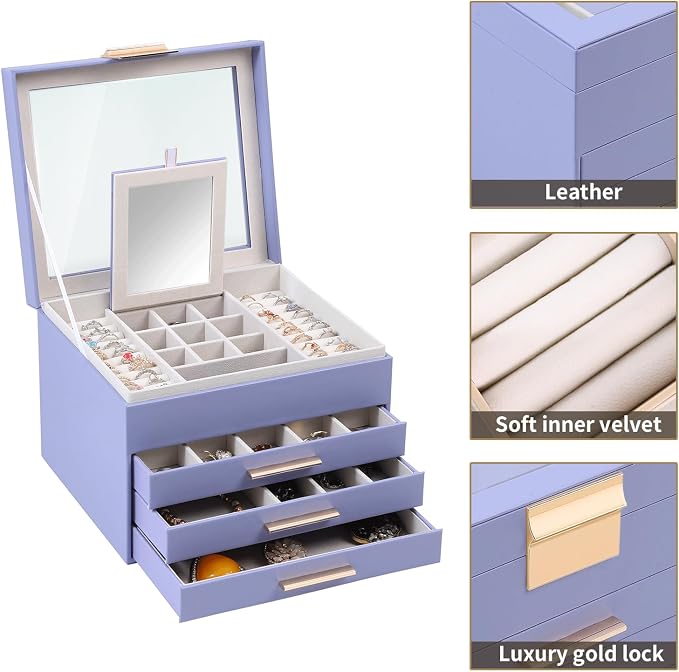 BOOVO Clear Lid Jewelry Box,3 Layers Jewelry Organizer Large Jewelry Storage Box with 2 Drawers,Jewelry Holder Organzier of Rings Earrings Necklace Bracelets for Women (Purple, 4 Layer) - Image 2