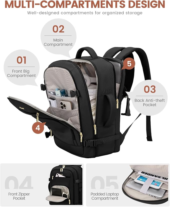 LOVEVOOK Carry On Travel Backpack For Women Flight Approved, 50L Personal Item Backpack Flight Approved, TSA Travel Bag Fit 18 Inch Laptop, Business Weekender Overnight Waterproof Daypack with 3 Cubes - Image 4