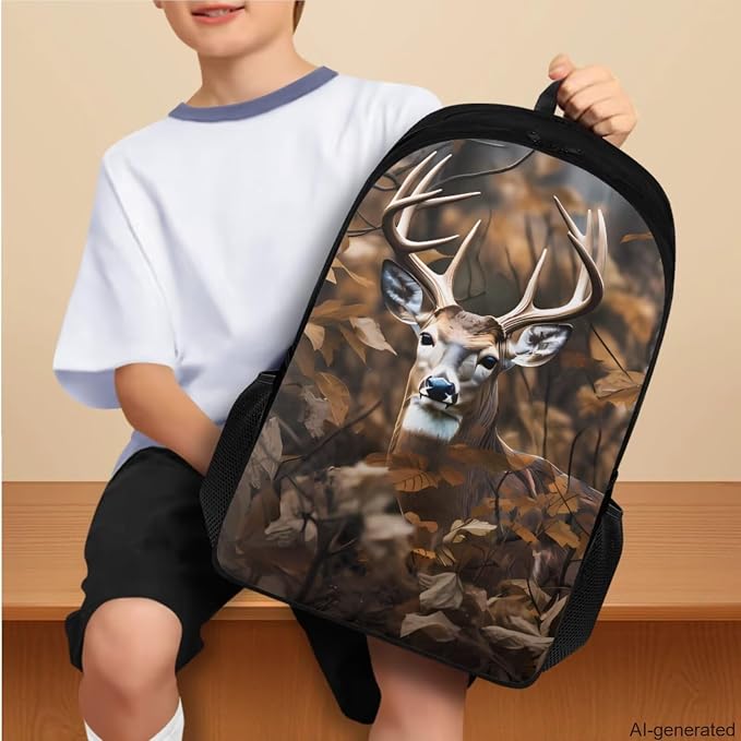 Deer Camo Backpack for Boys Kids Backpack with Lunch Box Water Bottle Bag and Soft Pencil Case 4PCS Set Bookbag with Compartments for School Teens 17 inch Sturdy School Bag with Side Pocket - Image 3