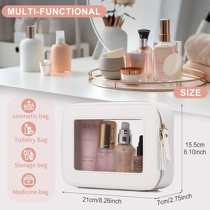 Pinkmik Clear Makeup Bag for Women Waterproof Travel Cosmetics and Toiletries Case Portable Makeup Oaganizer Bag Clear Car Bag with Zipper (White, M) - Image 3