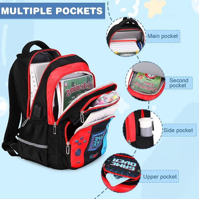Bevalsa Backpack for Boys, School Bags for Kids with 3.5mm Jack Wired Headphones, Lunch Box & Pencil Case, Gamer Backpack for Kids Children Teens for Elementary Middle School Student (Red Blue) - Image 4