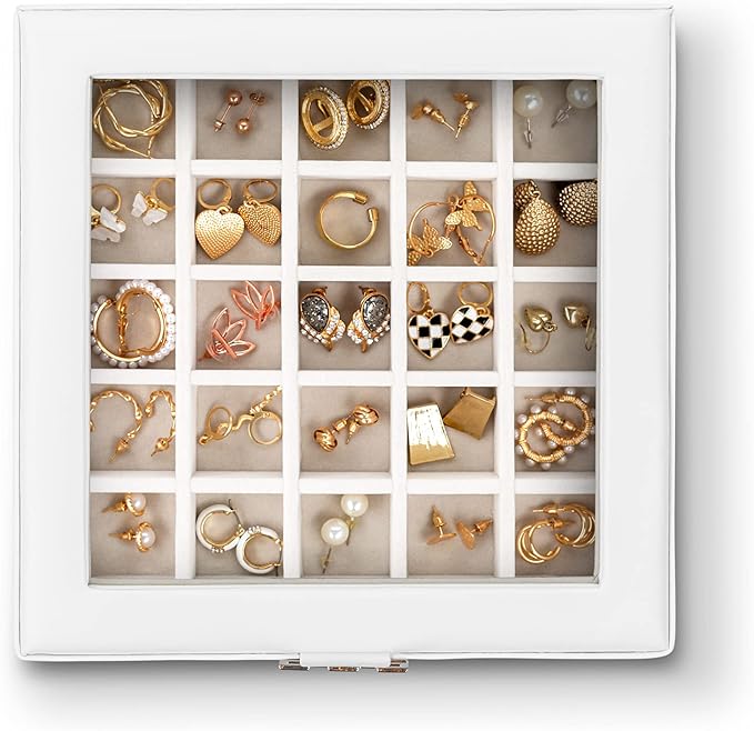Glenor Co Earring Organizer - Classic 50 Section Jewelry Box/Case/Holder for Earrings, Rings, Necklaces, Jewelry, Cufflinks or Collections -2 Layer Small Compartments with Large Glass Top - White - Image 2