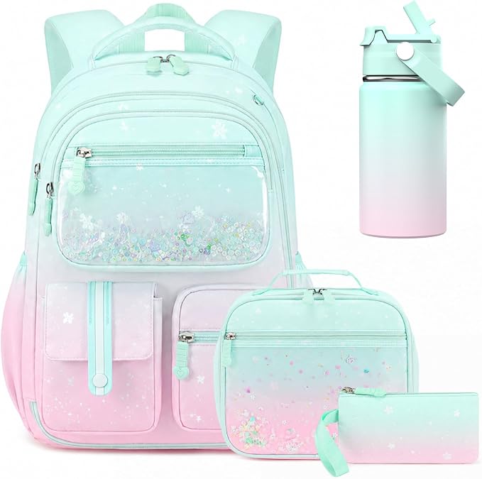 ACESAK Kids School Backpack for Girls, Mermaids Bookbag Backpack with 14OZ Water Bottle, Lunch Bag Set for GirlsTeens Middle Student, Girls Backpacks for School (Pink Green) by ACESAK
