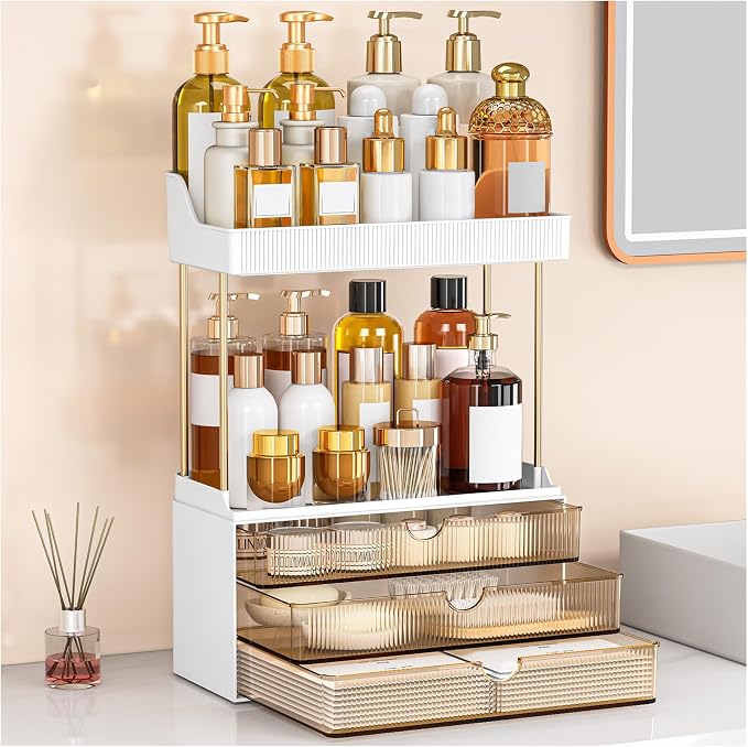 caktraie Bathroom Organizers and Storage - 3 Drawers 2 Tier Makeup Organizer, Cosmetic Storage Drawer for Dresser Countertop and Bathroom Vanity for Large Skincare, Perfume, Amber by shoeboxesanddeskorganizers