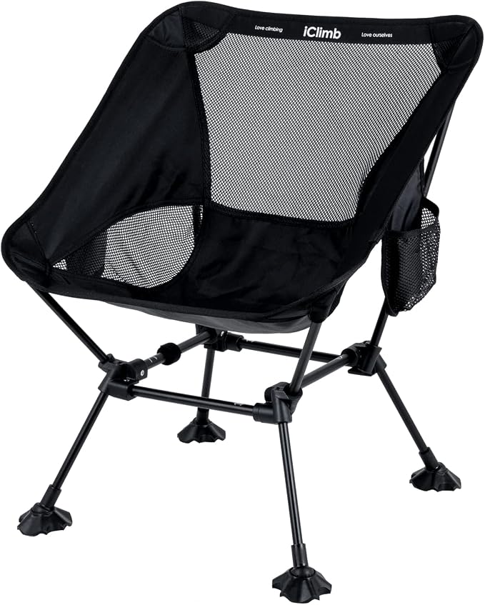 iClimb Ultralight Compact Camping Folding Beach Chair with Anti-Sinking Large Feet and Back Support Webbing (Black - Square Frame - 2PC) by iClimb