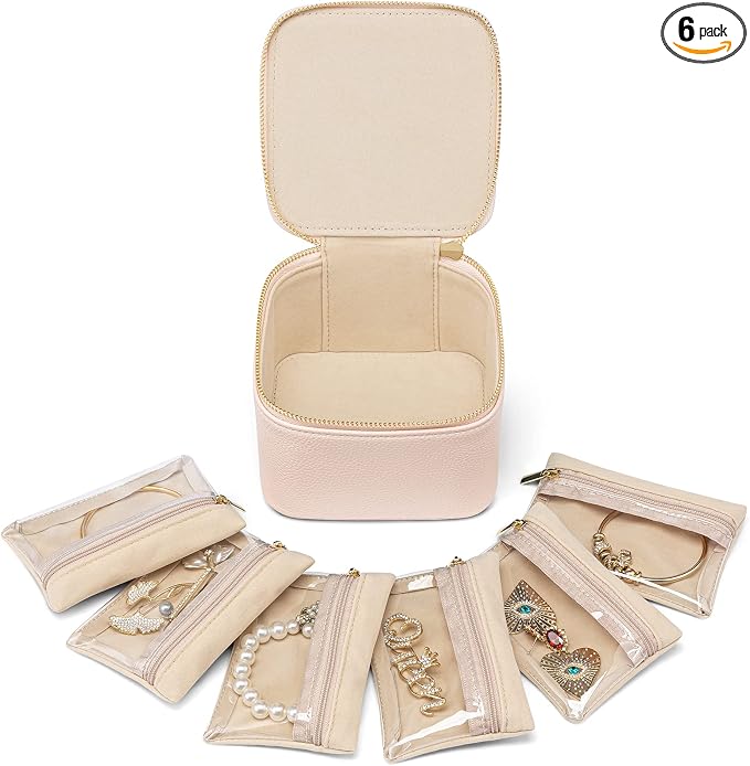 VLANDO Gifts for Teachers,Jewelry Box with 6 Velvet Jewelry Bags Travel Jewelry Storage for Women Girl Jewelry Organizer Necklace Rings Earrings Bags Gifts for Women(Pink) by VLANDO