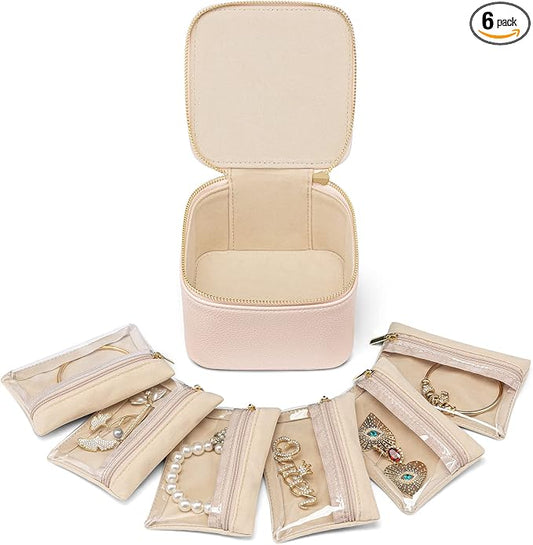 VLANDO Gifts for Teachers,Jewelry Box with 6 Velvet Jewelry Bags Travel Jewelry Storage for Women Girl Jewelry Organizer Necklace Rings Earrings Bags Gifts for Women(Pink) by VLANDO