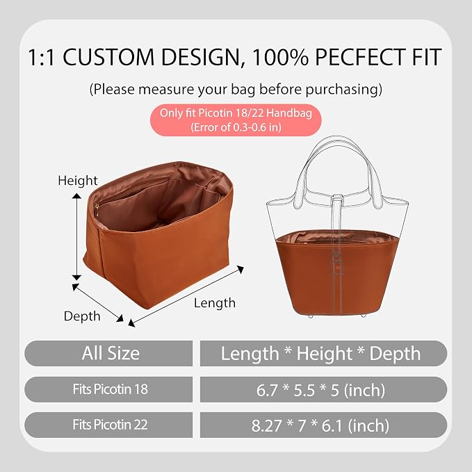 Picotin 22 Bag Insert Premium Nylon, Luxury Smooth Picotin 22 Purse Organizer Insert with Zipper Pockets, Soft Touch Inner Liner for Women's Handbags(PC22, Gold Brown) - Image 2