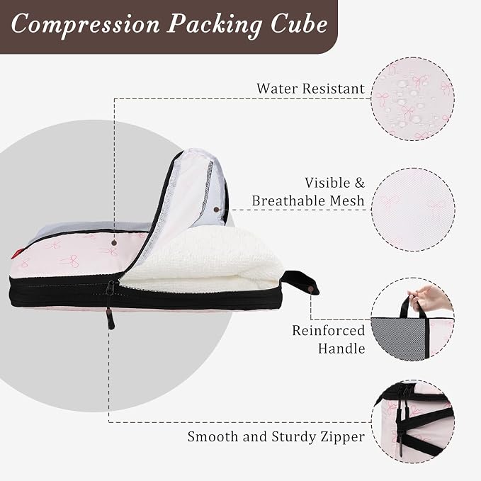 U+U 4 Set Compression Packing Cubes - Ultralight Travel Organizers, Space-Saving Suitcase Organizer, Expandable Packing Cubes for Travel, Business Trip and Family Vacation (Pink Bow) - Image 2