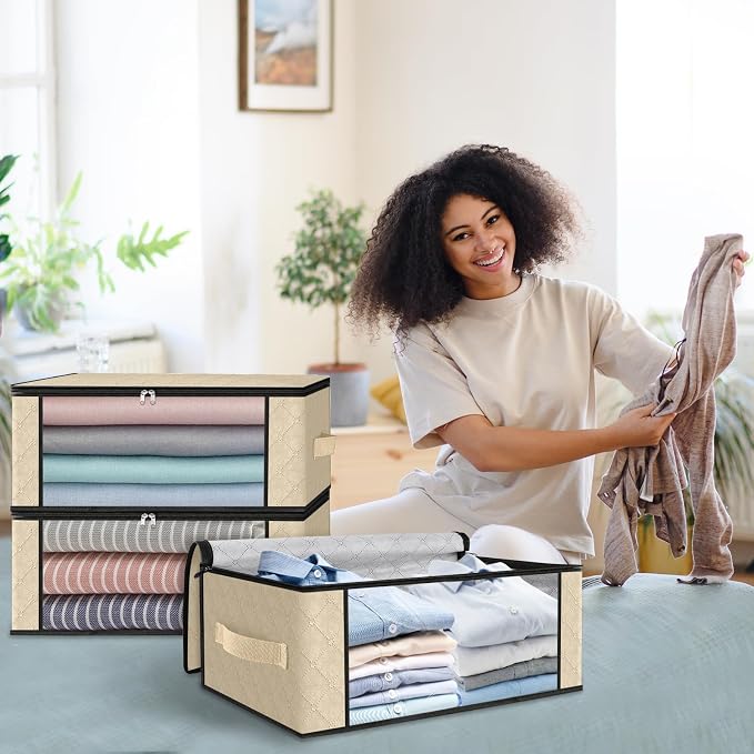 HomeHacks Storage 10-Pack Clothes Organizer Storage Bags Foldable Storage Box with Large Clear Window Sturdy Handles for Closet, Dorm, Pillows, Bedding, Clothes, Blankets, 35L, Beige - Image 7