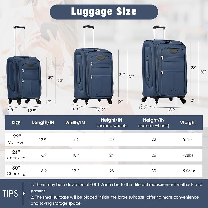 Merax Softside Luggage Set 3 Piece Suitcase with Duffel Bag Spinner Wheels | Lightweight Expandable Travel Luggage 22" 26" 30",Deep Blue - Image 2