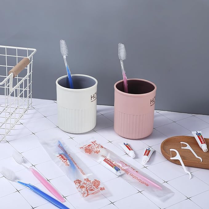 200 Sets Bulk Disposable Toothbrushes Toothpaste Floss Individually Wrapped Dental Floss Pick Kit Homeless Hygiene Kit Bulk Homeless Care Package Supplies for Travel Hotel (Light Blue Pink)