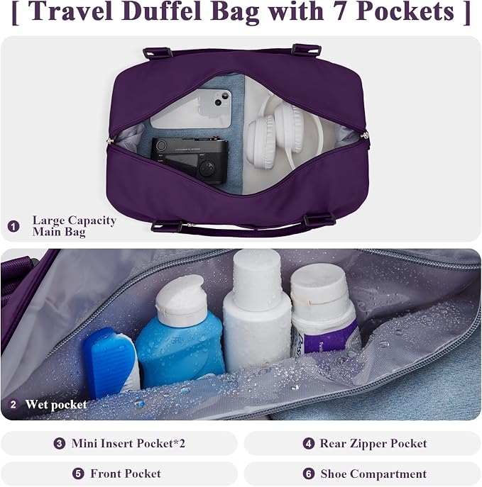 Travel Duffel Bag with Shoes Compartment,Weekender Bags for Women Travel | Overnight Carry-On Bag with Toiletry Bag, For Spirit Airlines 18x14x8 Personal Item Bag - Image 3