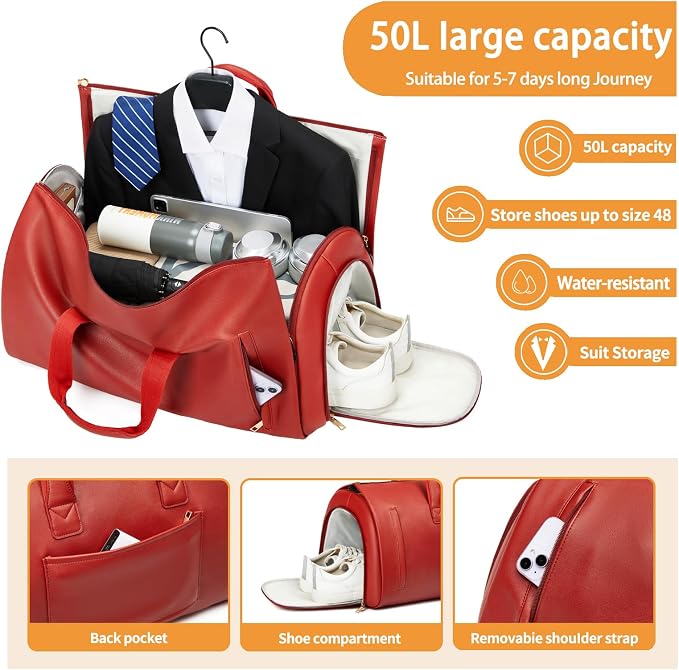 Leather Garment Bag Women, Carry on Garment Bag for Travel Convertible Garment Duffel Bag 2 in 1 Waterproof Foldable Travel Suit Bag Weekender Bag with Shoe Pouch - Image 2