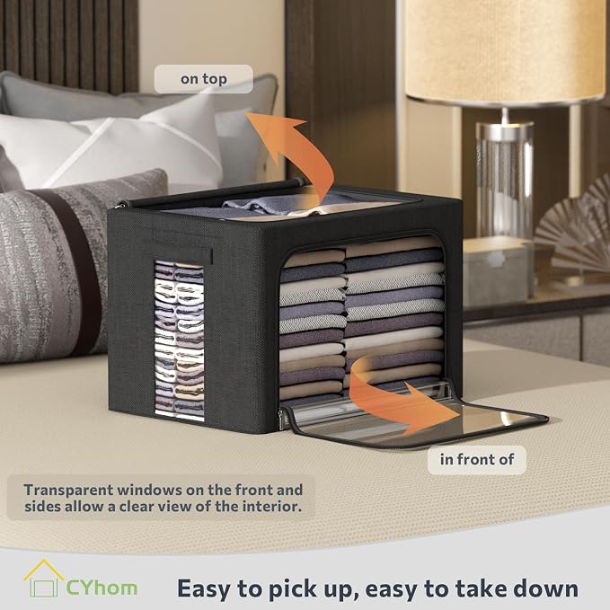 CYhom Clothes Storage Bins Box - Linen Fabric Foldable Stackable Container Organizer Set with Clear Window & Carry Handles & Metal Frame (Black, Large-66L) - Image 2