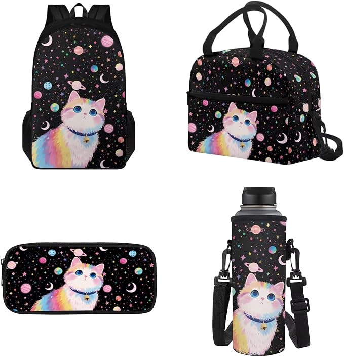 Cat Planet Backpack 4 Pcs Set for Girls Kids Casual Bookbag School Book Bag with Insulated Lunch Bag Pencil Case Water Bottle Sling, Back to School Supplies by Tomeusey