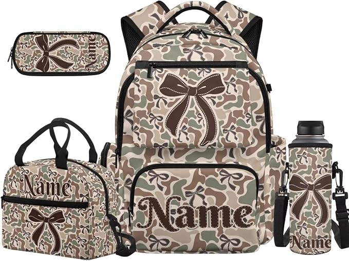 Bow Camo Custom 17 Inch Kids School Backpack Set 4Pcs, Lunch Bag | Water Bottle Holder, Lightweight 600D Fabric, Multi Pockets, for Elementary Middle High School Daily Use by Unknown