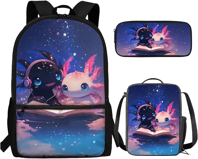 Axolotl Backpack and Lunch Box for Girls 6-8/5-7 Book Lover Bookbag with Lunch Bag Set 3PCS Galaxy Space Elementary School Back Pack Kids Primary Book Bags Lunchbox Pencil Case Kindergarten by SCRAWLGODDreamWardrobe