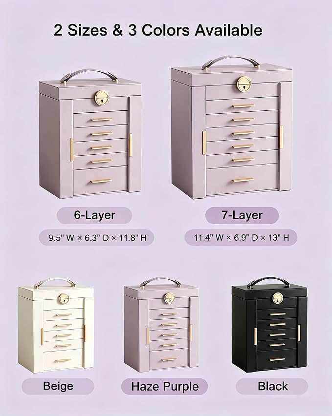 Lolalet Large Jewelry Box Organizer for Women, 7-Layer Jewelry Organizers and Storage Case with Mirror & 6 Drawers, Lockable Watch Ring Earring Bracelet Necklace Holder Girls Gift -7Layer, HazePurple - Image 4