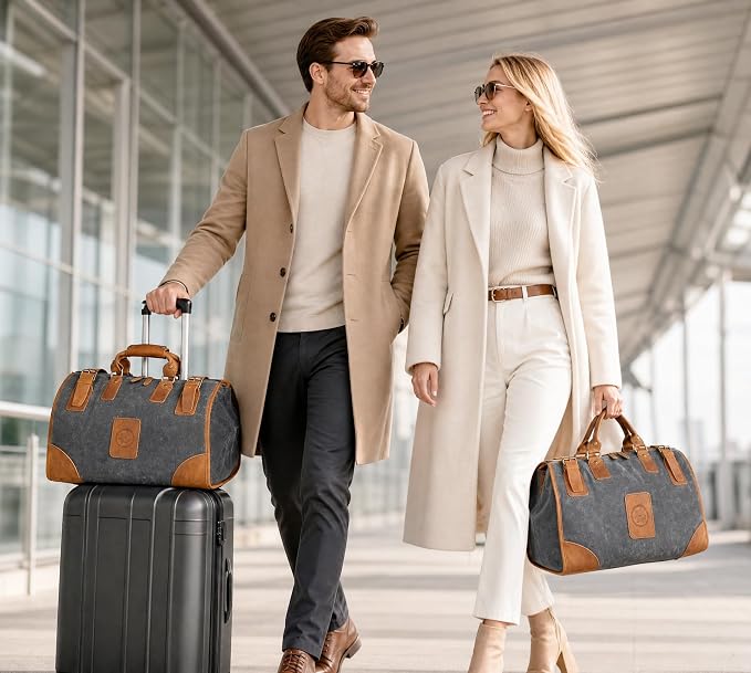 Canvas + Leather Travel Luggage Tote Duffle Gym Suitcase Weekender Overnight Bag For Men Male FB8151 (8151-Gray) - Image 2