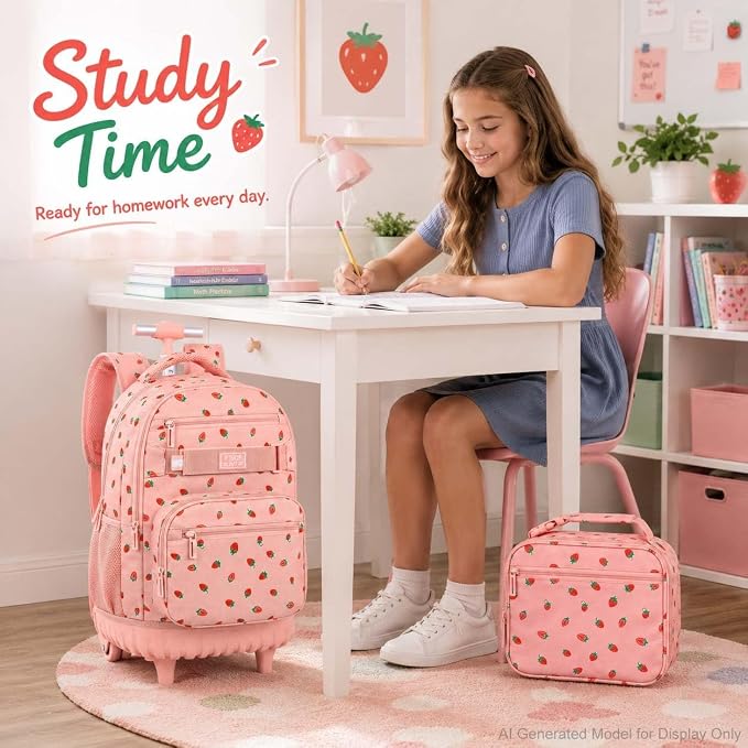 3Pcs Rolling Backpack for Women Girls with Large Wheels, 20 Inches Detachable Wheeled Backpack Set, Adults Water Resistant Roller Backpack for Travel, Work, College School (Pink) - Image 6