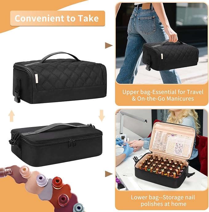 OCHEAL Nail Polish Organizer, Holds Nail Lamp and 45+ Bottles,3 Usage Modes Detachable Nail Storage Bag Travel Nail Tech Case Holds Nail Kit Stuff Manicure Tools -Black - Image 8