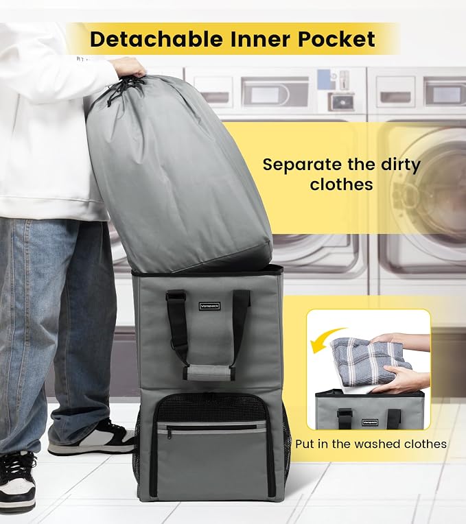 Vorspack Laundry Bag Backpack - Extra Large Laundry Bags with Shoulder Straps Heavy-duty 2 in 1 Laundry Hamper Basket for College Dorm Camp Laundromat Room Essentials - Grey - Image 5