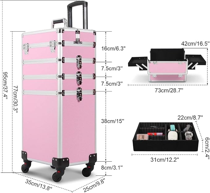 4 in 1 Rolling Makeup Train Case, Large Storage Cosmetic Trolley Makeup Travel Case with Key & Wheels Salon Barber Case Traveling Cart Trunk, Pink - Image 2