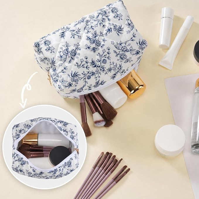 Makeup Bag Travel Toiletry Bag for Women, Small Cosmetic Bags Aesthetic Organizer Quilted Cotton Makeup Pouch&Purse Emergency Bag Floral Pencil Case Accessory Bag, Vintage Blue - Image 4