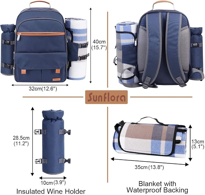 Sunflora Picnic Backpack for 4 Person Set Pack with Insulated Waterproof Pouch for Family Outdoor Camping (Navy Blue) - Image 3